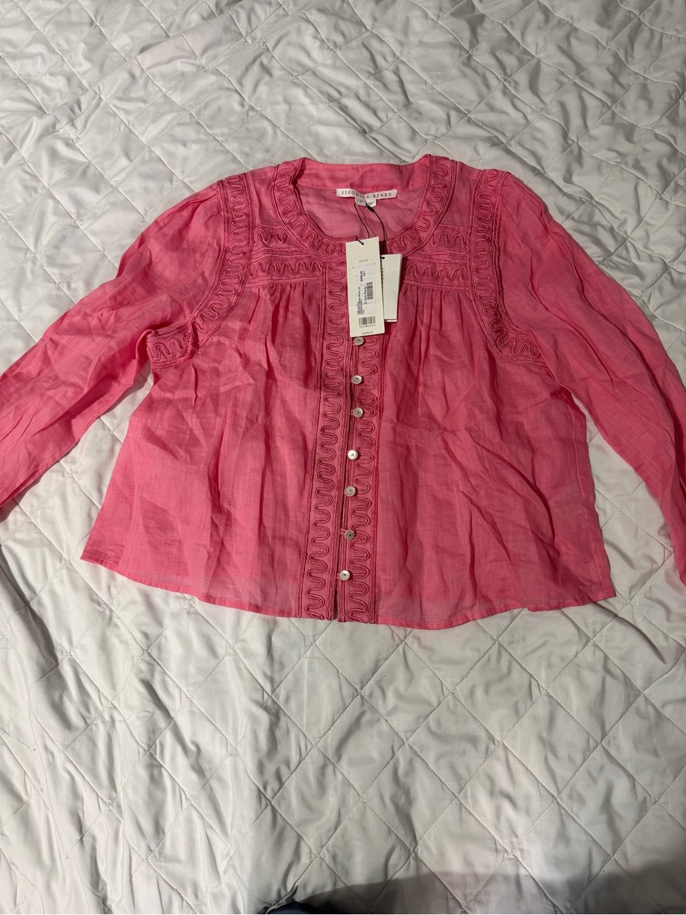 Veronica Beard Pink Embroidered Button-Down Blouse